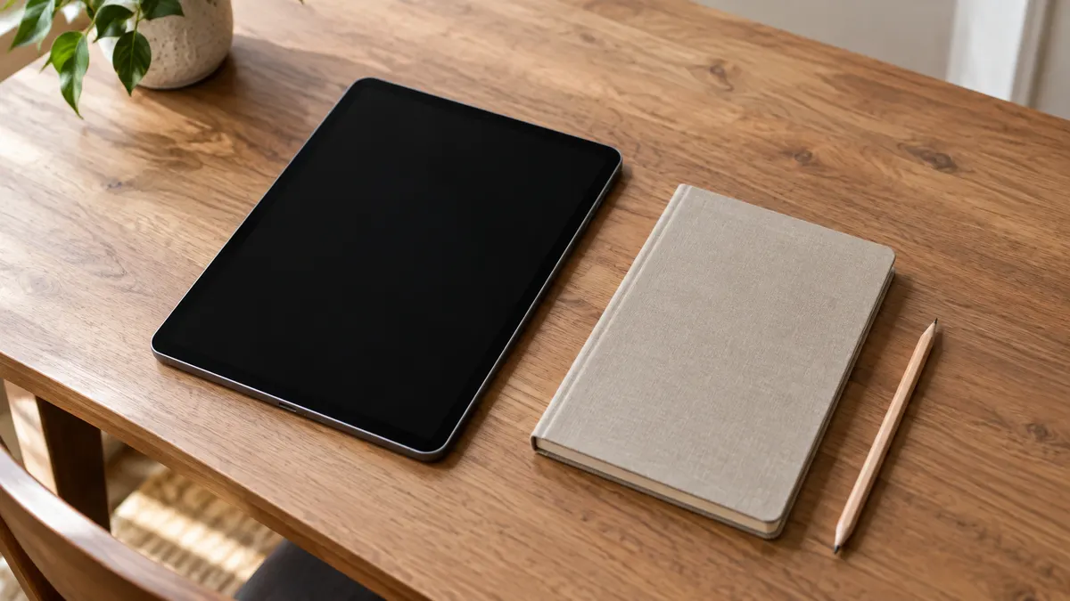 机の上のタブレットと手帳と鉛筆