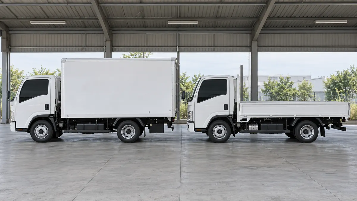 車庫に並んだ2tの箱型トラックと平ボディのトラック