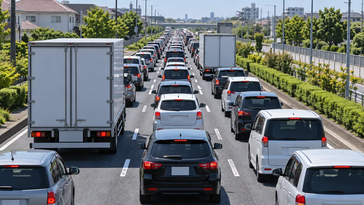 幹線道路で、乗用車とトラックが同じ向きに連なる渋滞