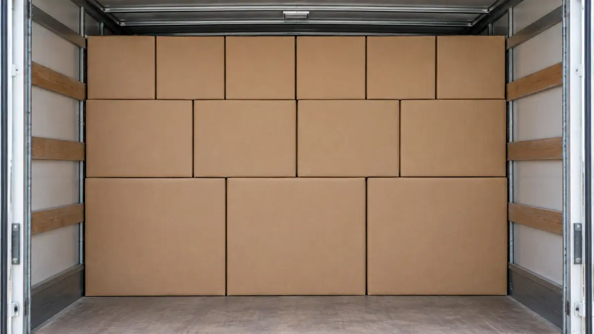 トラックの荷台に、下に大きい箱・上に小さい箱ですき間なく積んだ段ボール