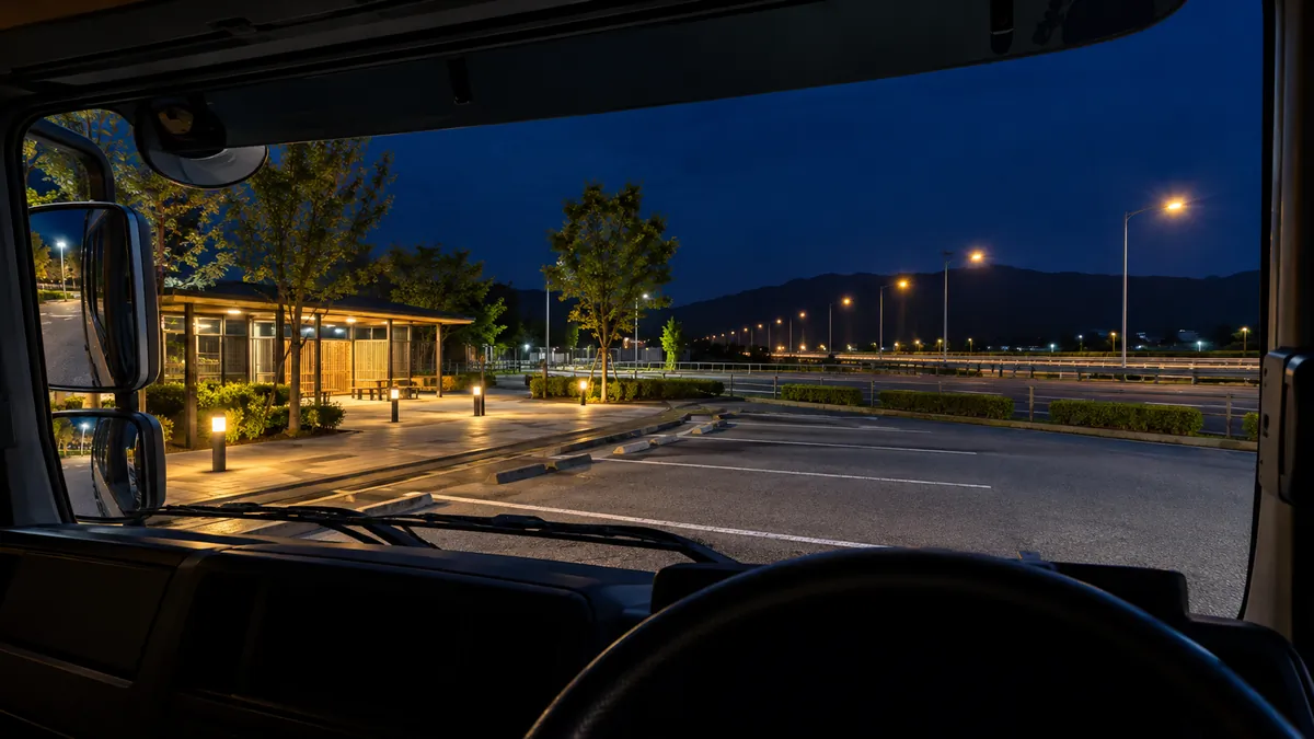 停まっているトラックの運転席から見た、夜の休憩所と街灯