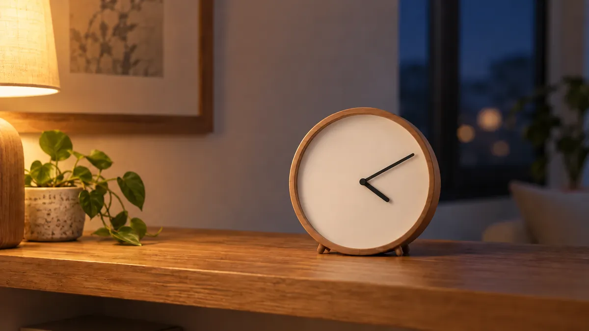 4時すぎを指す、数字のない文字盤の置き時計