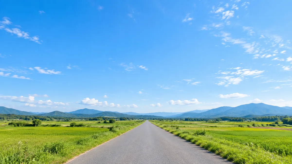 晴れた朝の、空が広い郊外のまっすぐな道