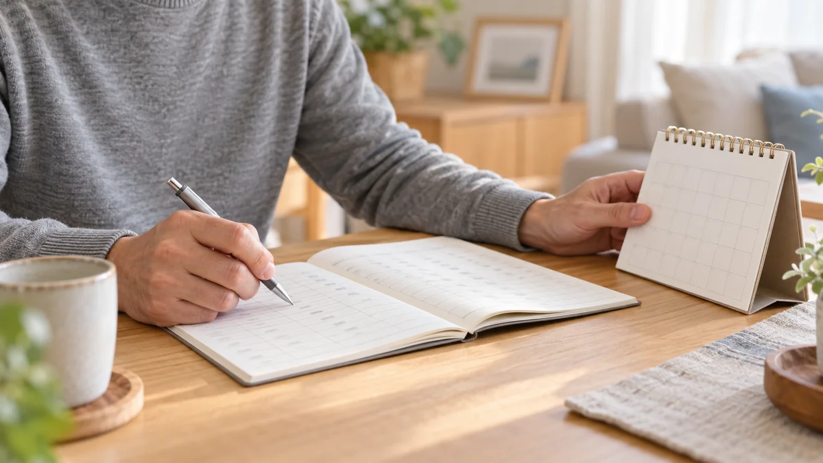 家の机でノートに書き込みながら卓上カレンダーを確認する手元