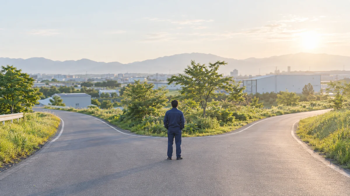 朝の分かれ道の前に立つ作業服の男性の後ろ姿