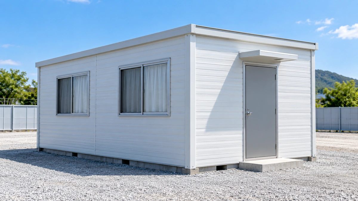 晴れた日の建設現場にある、白いプレハブの休憩所