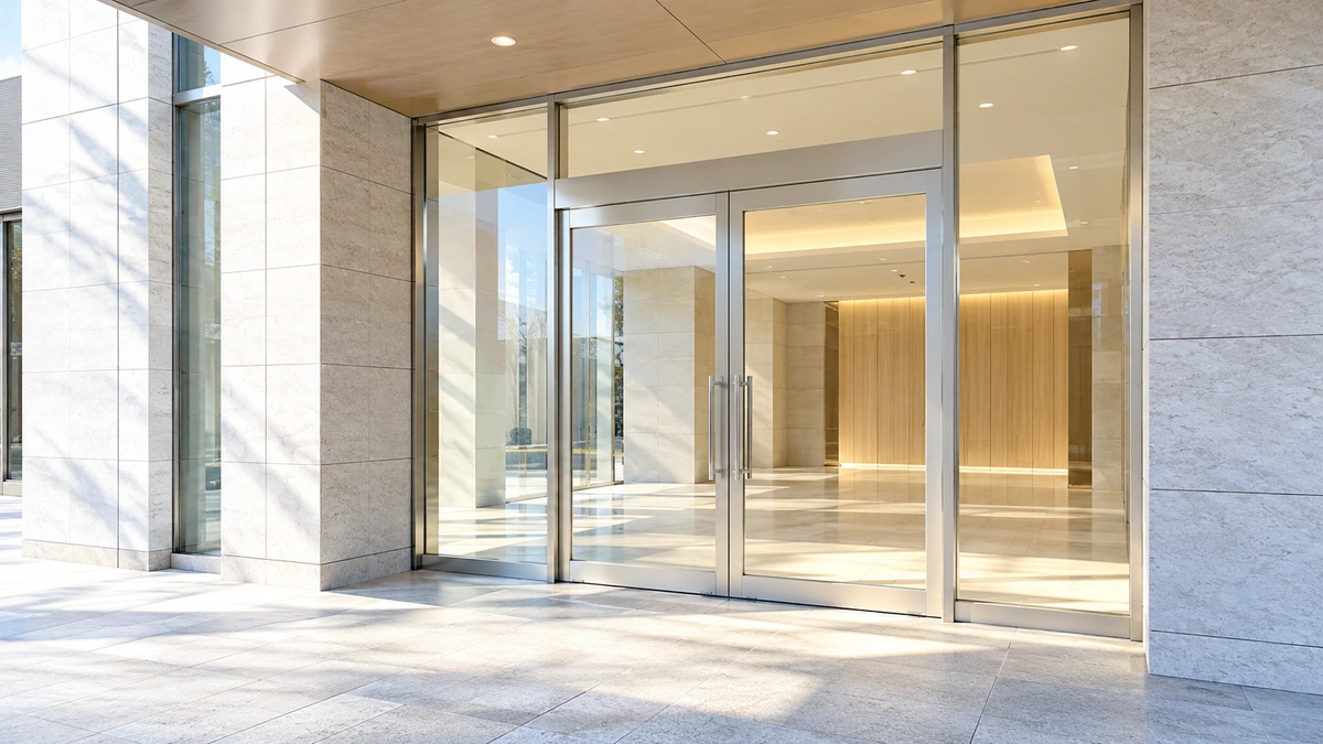 朝の光が差す、完成した建物のガラスの入口と明るいロビー