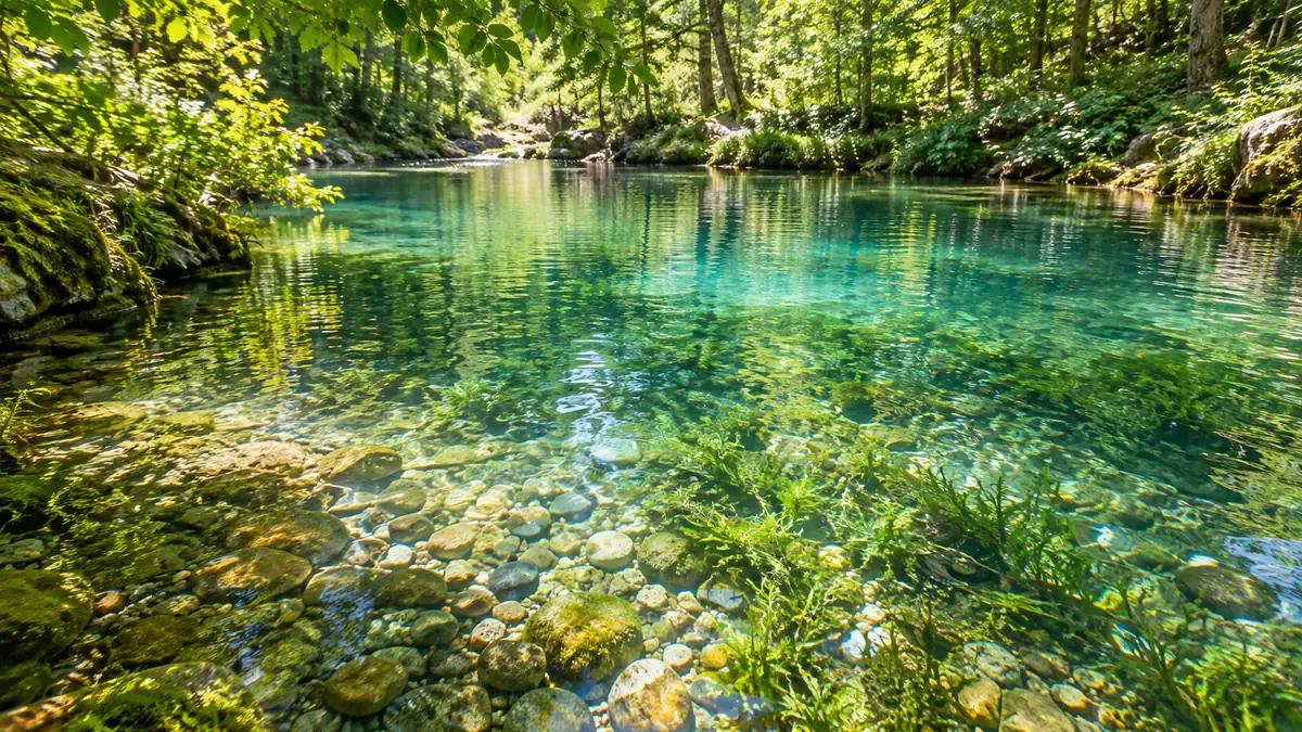 森の中の、底の小石と水草まで見える透きとおった湧き水の池