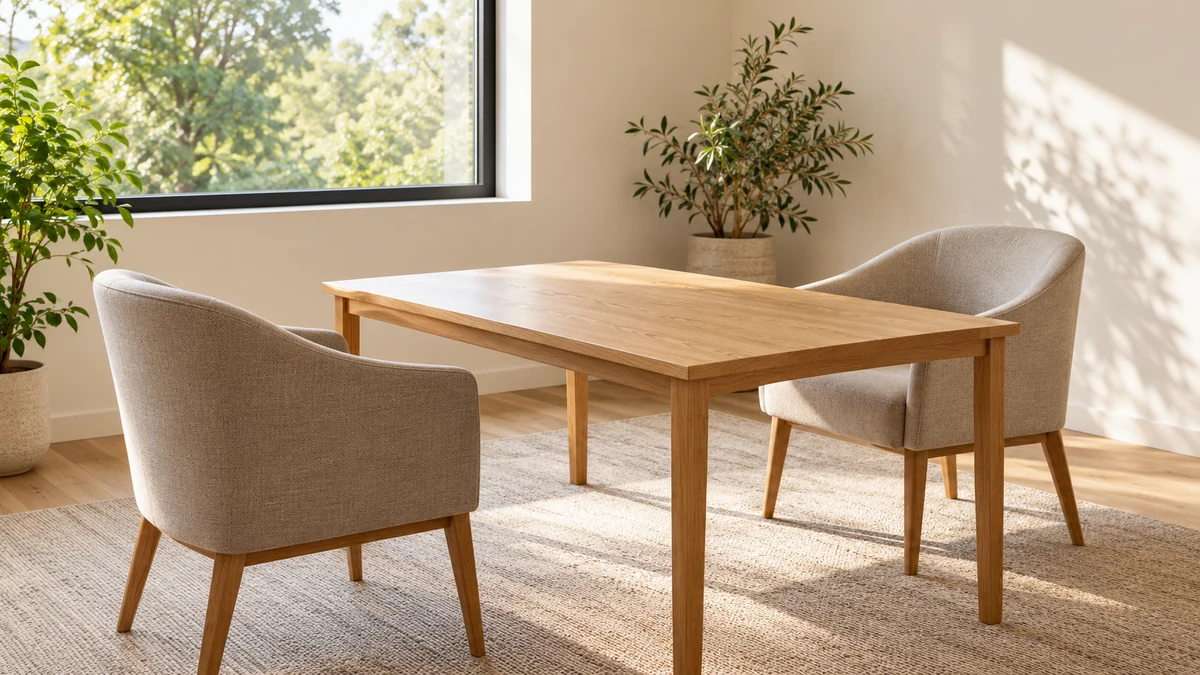 明るい部屋で、木のテーブルをはさんで向かい合う2脚のイス