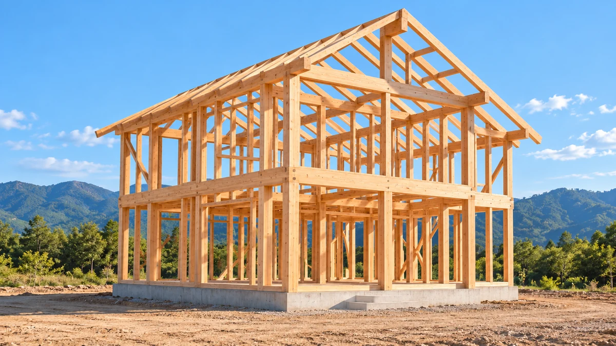 青空の下に建つ、建てている途中の木造住宅の骨組み