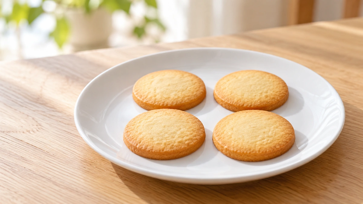 木の机の上の、白い皿にのせた丸いクッキー4枚
