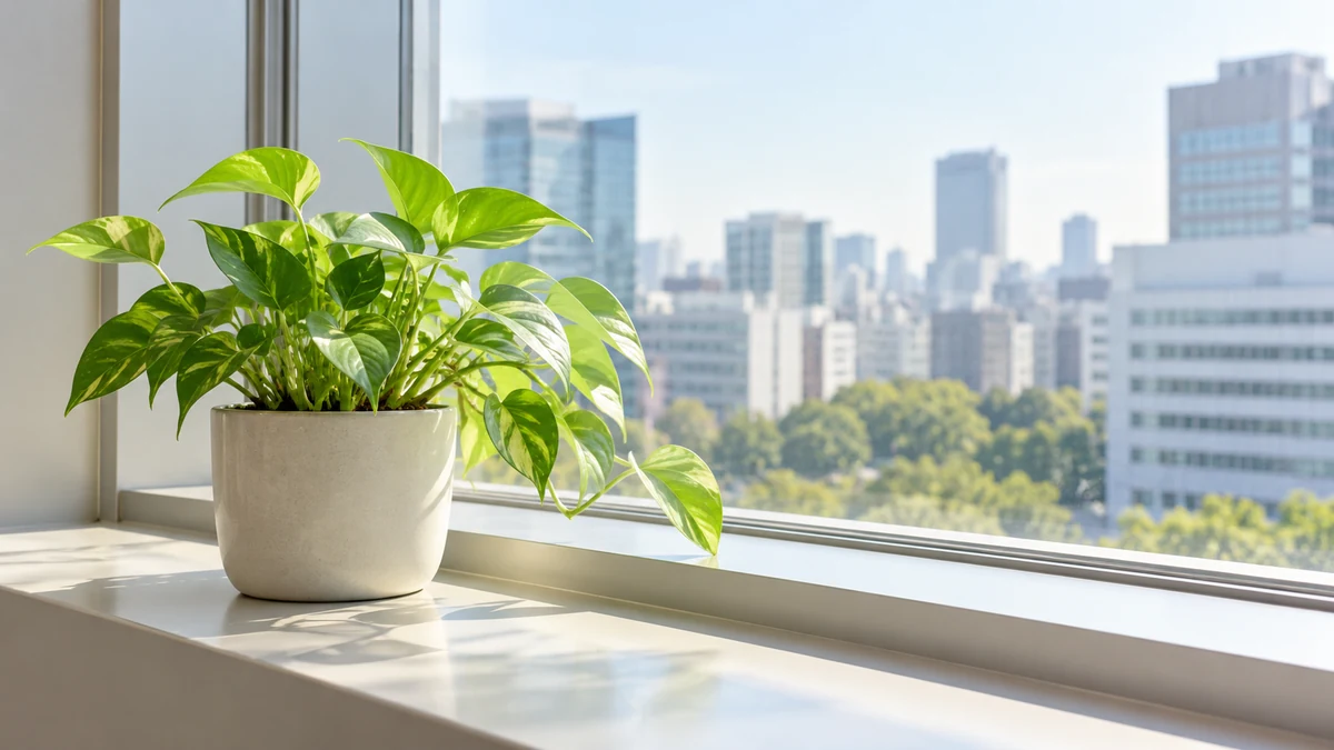 明るい事務所の窓辺に置かれた、緑の観葉植物の鉢
