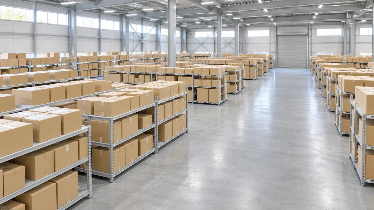 棚に荷物がきれいに収まり、通路が広く片付いた明るい倉庫