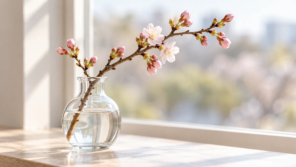 窓辺のガラスの花びんに挿した、つぼみの多い桜の枝