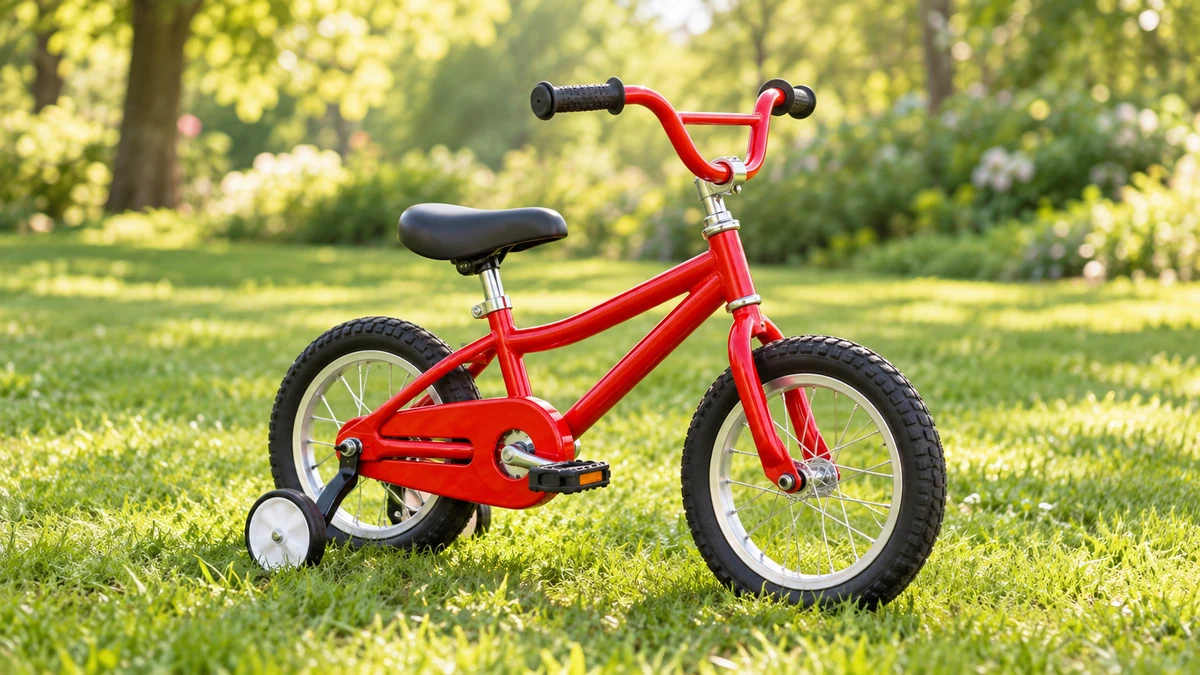 芝生に止めた、補助輪の付いた赤い子ども用自転車