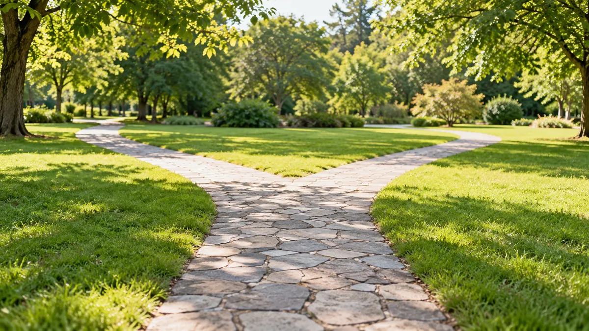 晴れた公園の芝生の中で、二手に分かれる石だたみの小道