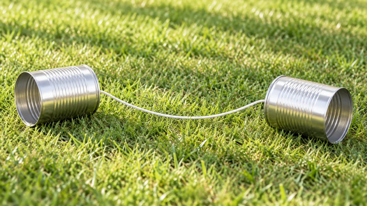 芝生の上で糸につながった、缶の糸電話