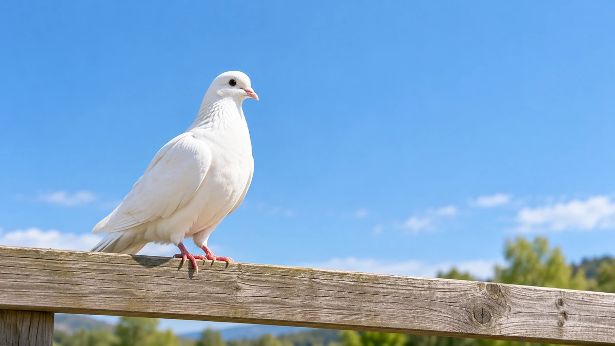 青空の下、木の柵に止まる白い鳩