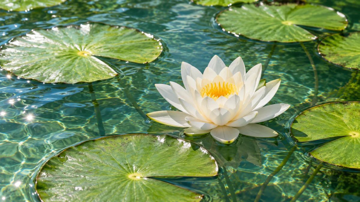 澄んだ池に浮かぶ、白い睡蓮の花と丸い葉