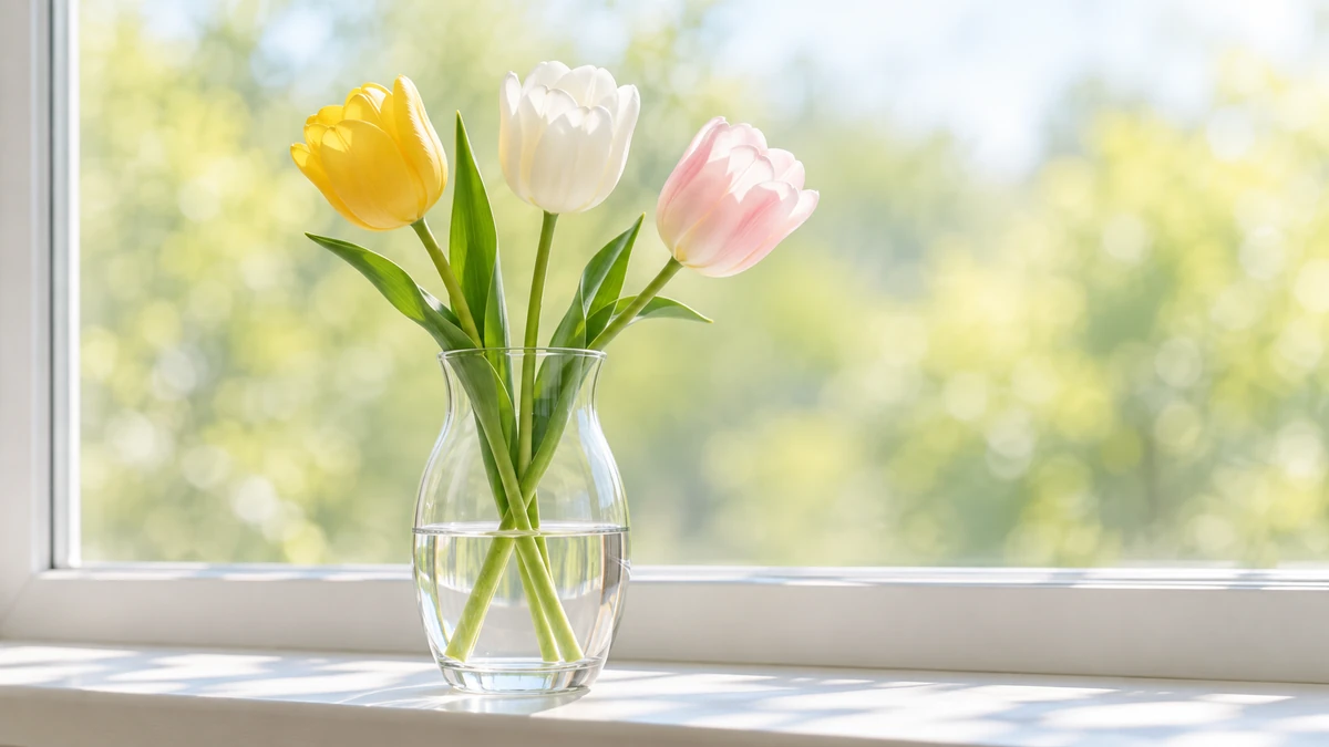 明るい窓辺のガラスの花びんに挿した、黄・白・桃色のチューリップ3本