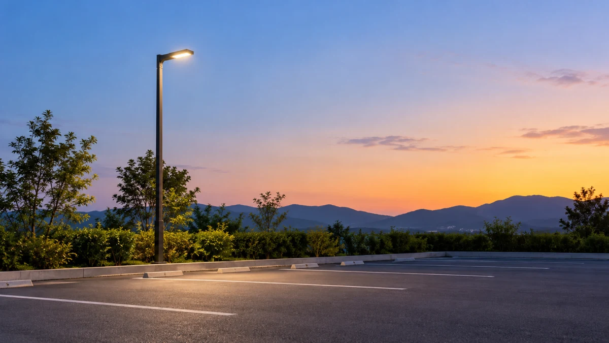 夕焼けの空の下、駐車場でともる外灯
