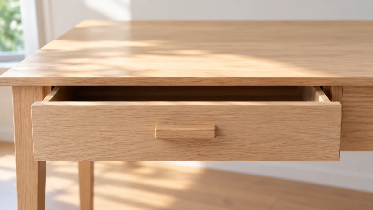 明るい部屋で、少しだけ開いた木の机の引き出し