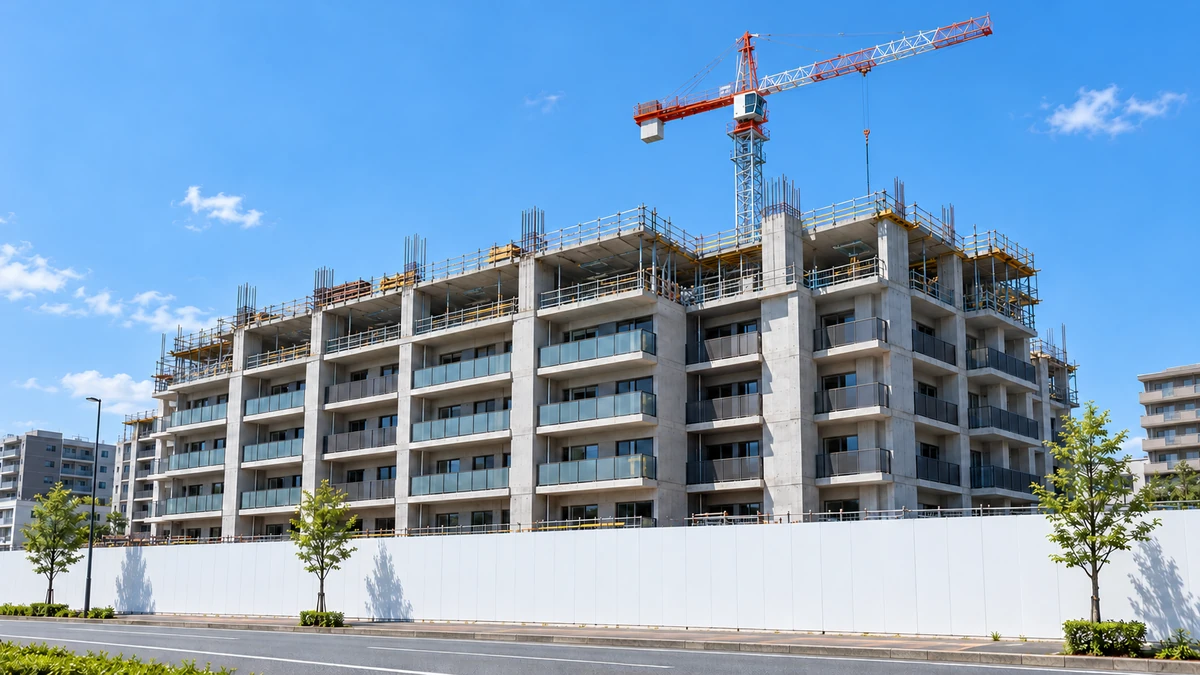 晴れた日の、クレーンが立つ建設中の中層マンションと白い仮囲い