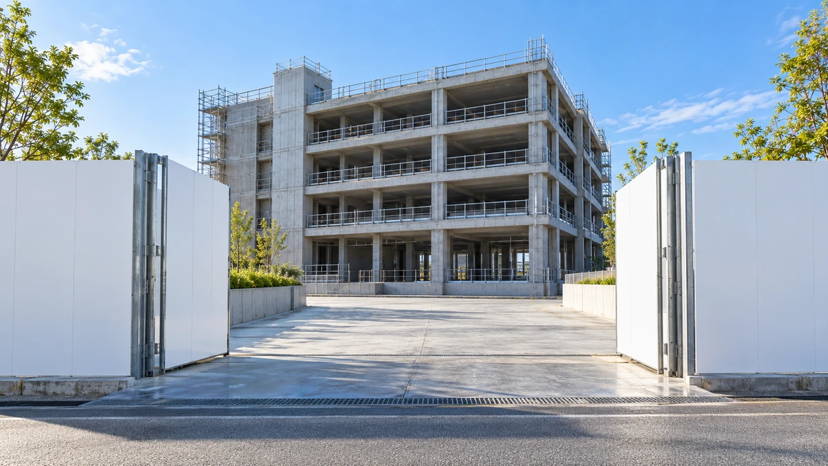 朝の工事現場の、開いた仮囲いのゲートと奥の建設中の建物