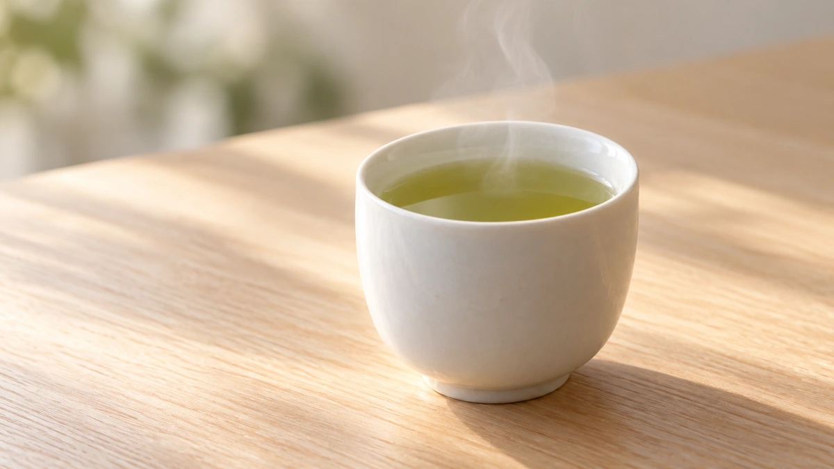 木の机に置いた、湯気の立つ緑茶の湯のみ
