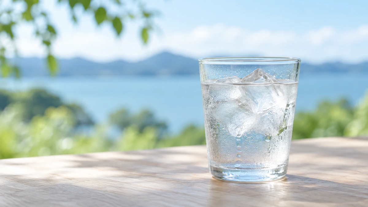 木のテーブルに置かれた、氷と水の入ったグラス