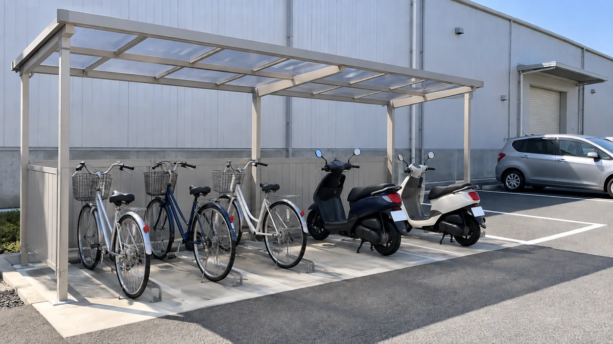 倉庫の前の屋根つき駐輪場に並ぶ自転車とバイクと、奥の駐車場の車