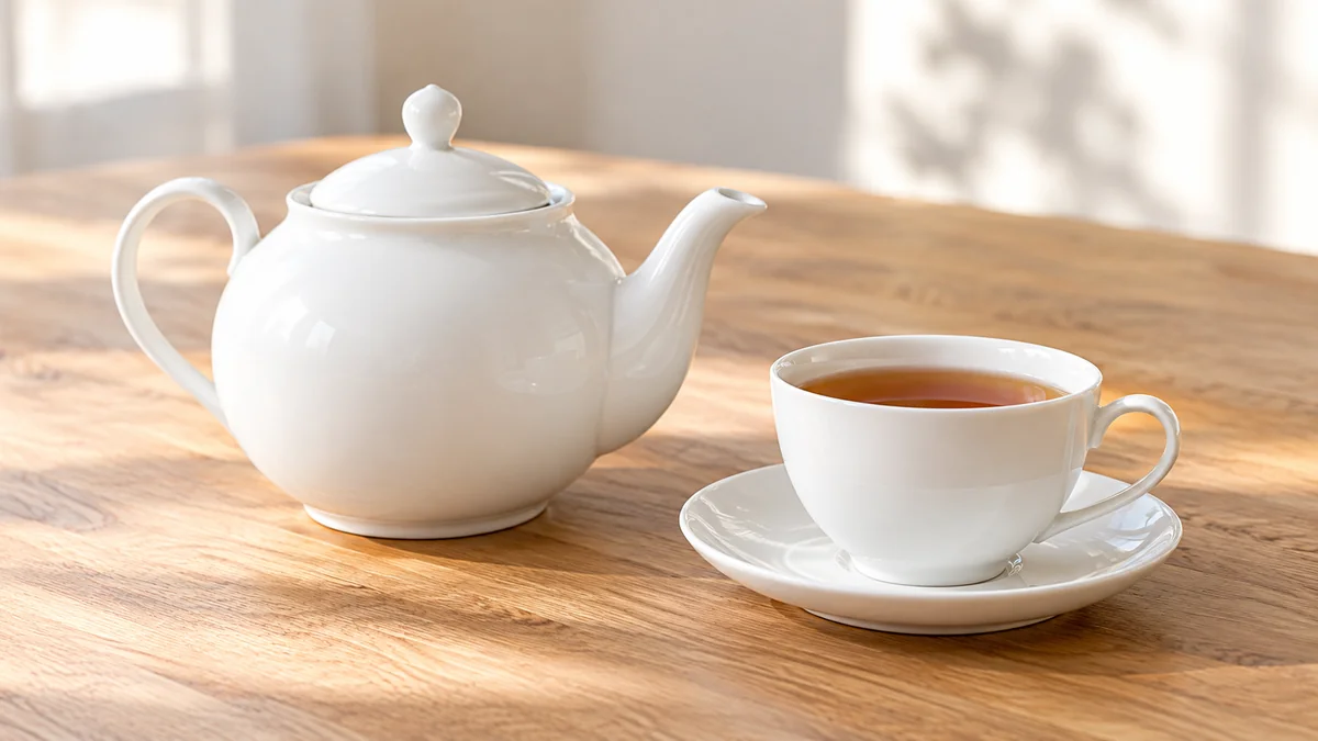 明るい木のテーブルに置いた、白いティーポットと紅茶のカップ