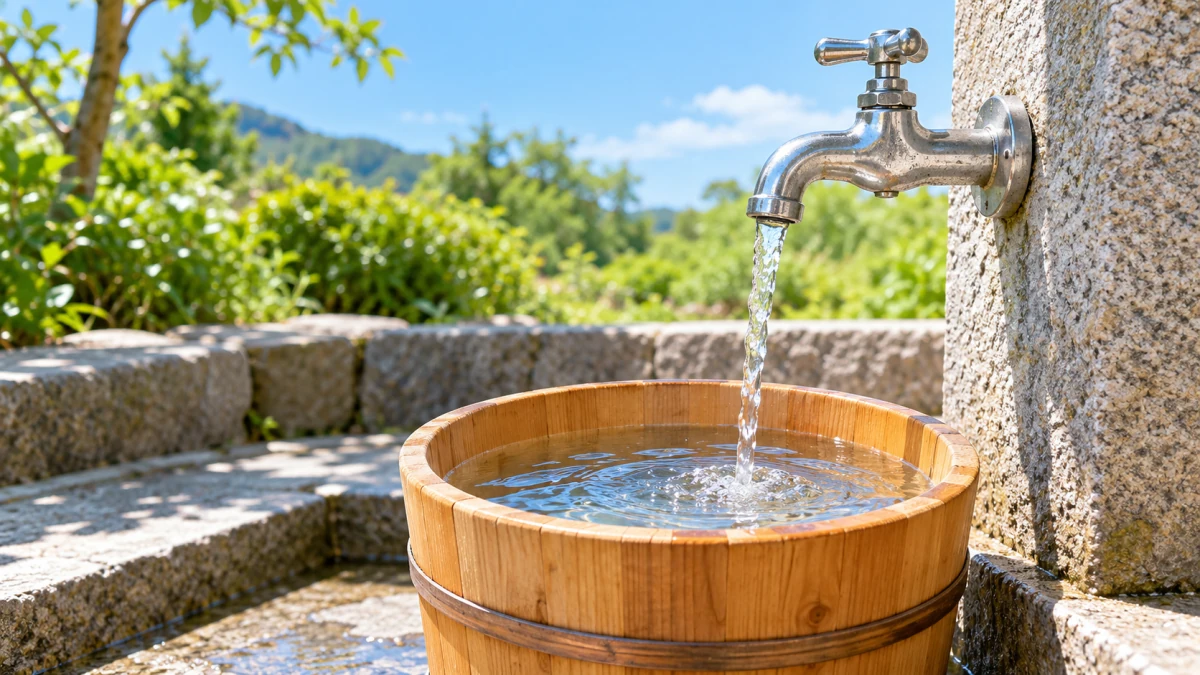 晴れた日の水場で、蛇口から木の桶に注がれる水