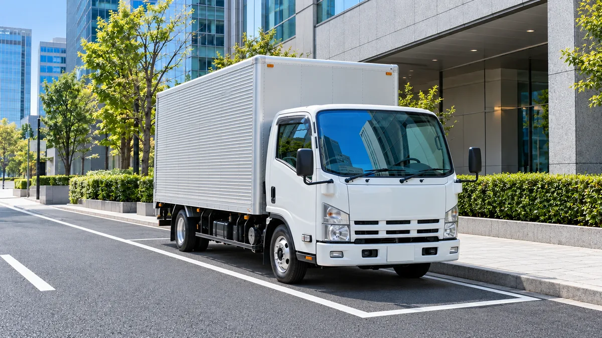 オフィス街の道路わきの荷さばきスペースに停まる白い2tの箱型トラック