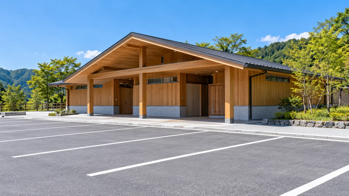 道の駅の木の外壁のトイレの建物と、空いている広い駐車枠