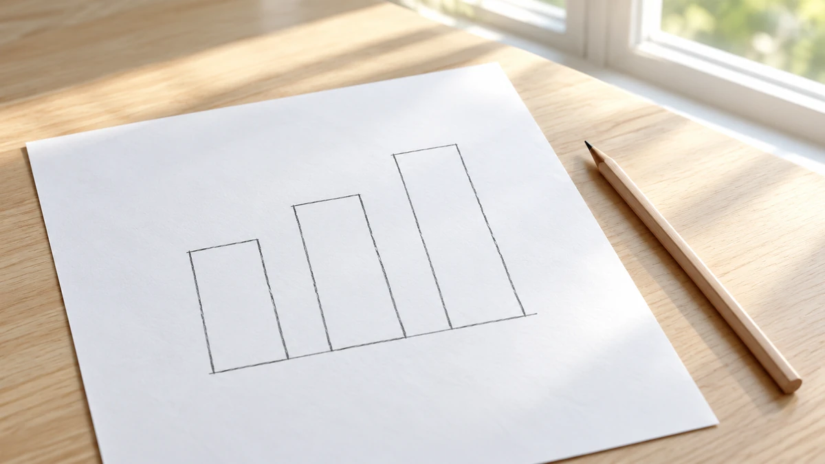 机の上の白い紙に描いた、右にいくほど高くなる3本の棒グラフと鉛筆