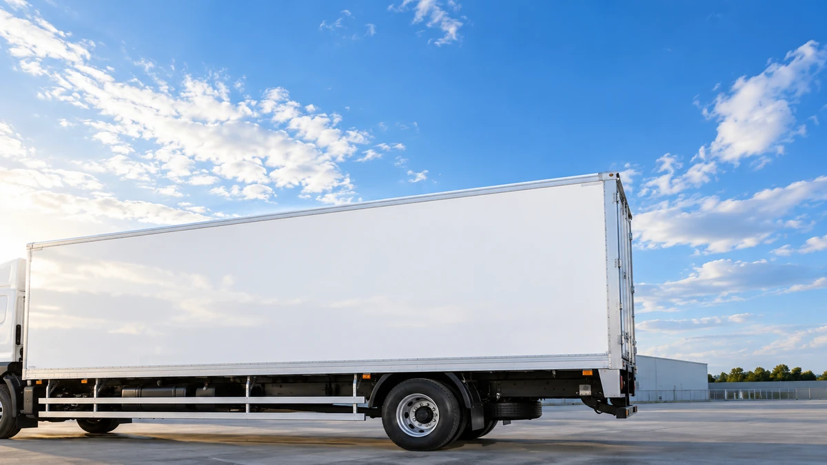 青空の下の、きれいな白い箱型トラックの荷台の側面