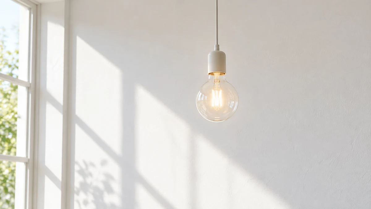 明るい白い壁の部屋に下がる、灯りのともった電球