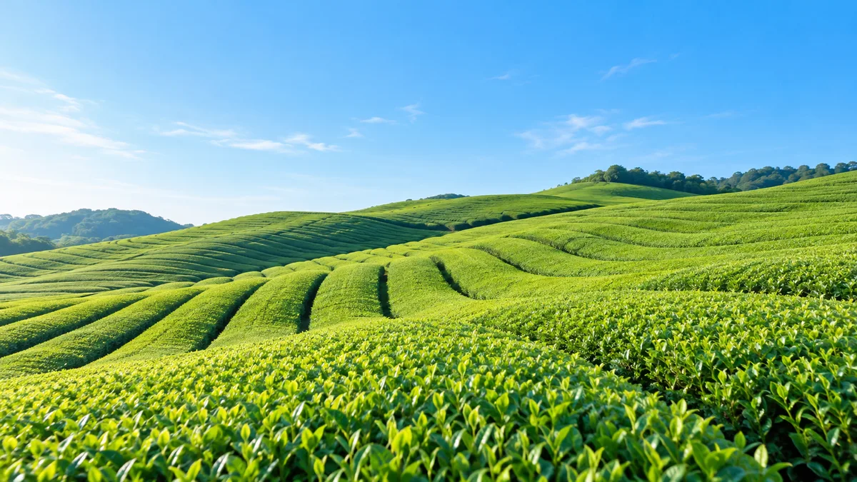 朝の光が当たる、なだらかな丘の茶畑